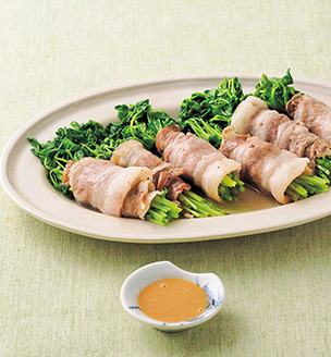 豆苗の豚巻きレンジ蒸し